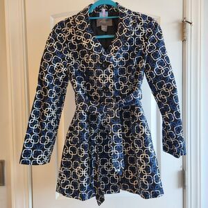 Ann Taylor Petite Trench Coat SP Black/Blue/White Geometric Pattern